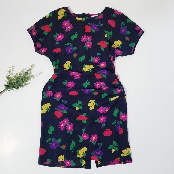 UNGARO Ter Vintage 80s Navy & Multi Silk Floral Print Dress - Picture 4 of 13